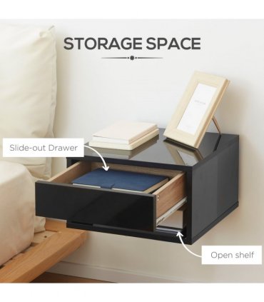 HOMCOM Floating Bedside Table Set of 2 Wall Mounted Nightstand W/ Drawer Black