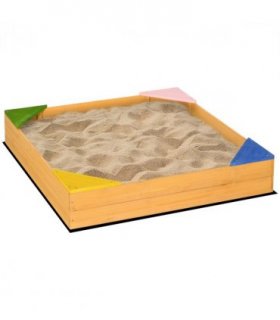 Kids Wooden Sand Pit Sandbox w/ Seats, Fir Wood, Natural, 109L x 109W x 19.8H cm