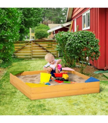 Kids Wooden Sand Pit Sandbox w/ Seats, Fir Wood, Natural, 109L x 109W x 19.8H cm