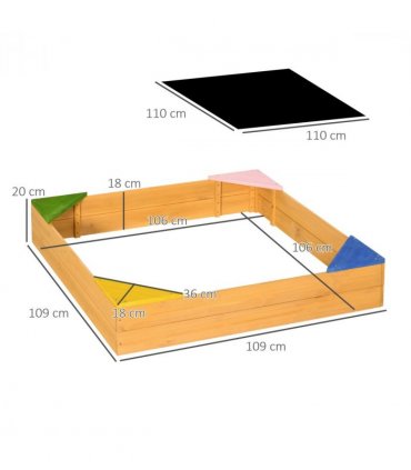 Kids Wooden Sand Pit Sandbox w/ Seats, Fir Wood, Natural, 109L x 109W x 19.8H cm