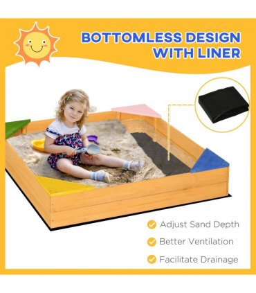 Kids Wooden Sand Pit Sandbox w/ Seats, Fir Wood, Natural, 109L x 109W x 19.8H cm