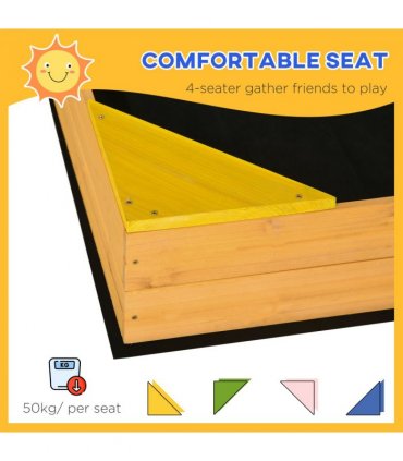 Kids Wooden Sand Pit Sandbox w/ Seats, Fir Wood, Natural, 109L x 109W x 19.8H cm