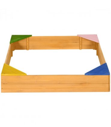 Kids Wooden Sand Pit Sandbox w/ Seats, Fir Wood, Natural, 109L x 109W x 19.8H cm