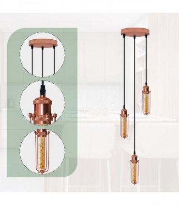 Ceiling E27 Pendant Light 3 Head Round Base Rose Gold Wire Cage PVC Black 95cm
