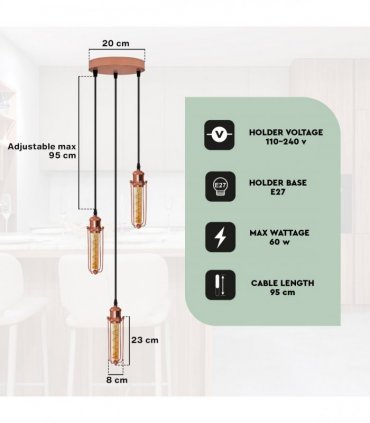 Ceiling E27 Pendant Light 3 Head Round Base Rose Gold Wire Cage PVC Black 95cm