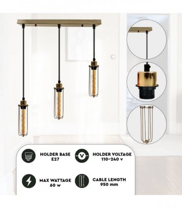 3 Head Rectangular Ceiling E27 Pendant Light with Wire Cage - Industrial Vintage Hanging Lamp