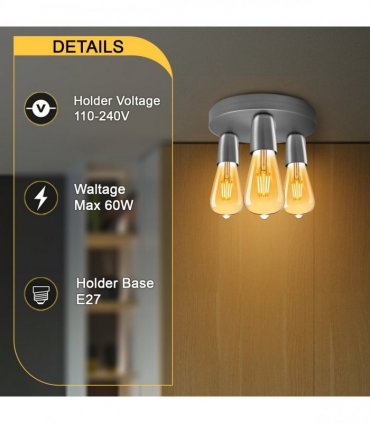 Satin Nickel Vintage Ceiling Light 3 Way Ceiling E27 Lamp Base Semi Flush Ceiling Lamp