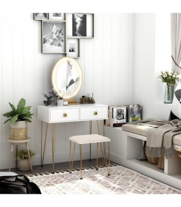 Dressing Table Set With LED Mirror & Stool 2 Drawers Makeup Desk