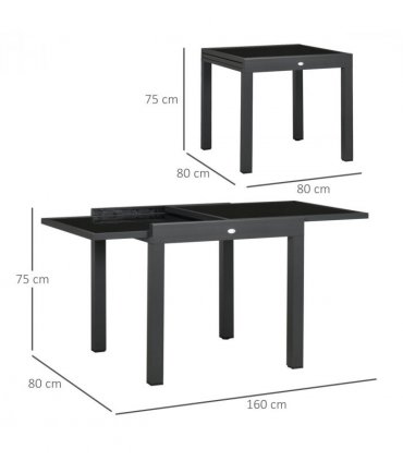 Outdoor Dining Table Aluminium Black 160L x 80W x 75H cm Extendable Patio Table