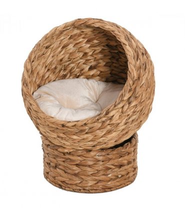 Wicker Cat House, Raised Cat Bed with Cylindrical Base, 42 x 33 x 52cm