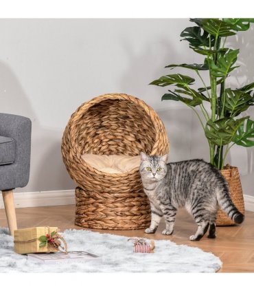 Wicker Cat House, Raised Cat Bed with Cylindrical Base, 42 x 33 x 52cm