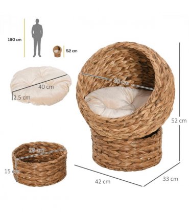 Wicker Cat House, Raised Cat Bed with Cylindrical Base, 42 x 33 x 52cm