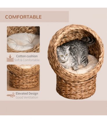 Wicker Cat House, Raised Cat Bed with Cylindrical Base, 42 x 33 x 52cm