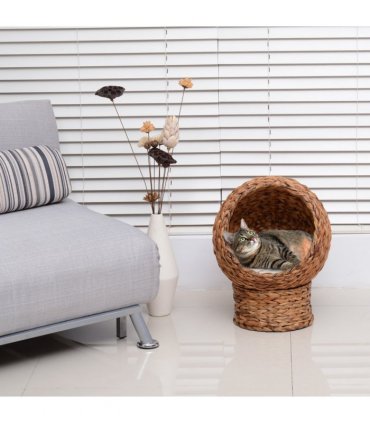 Wicker Cat House, Raised Cat Bed with Cylindrical Base, 42 x 33 x 52cm
