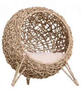 Rattan Elevated Cat House Kitten Bed Pet Furniture w/ Cushion Natural
