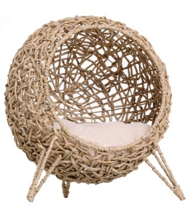 Rattan Elevated Cat House Kitten Bed Pet Furniture w/ Cushion Natural