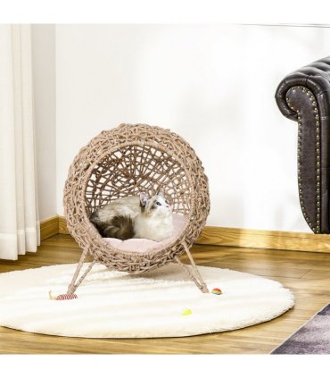 Rattan Elevated Cat House Kitten Bed Pet Furniture w/ Cushion Natural
