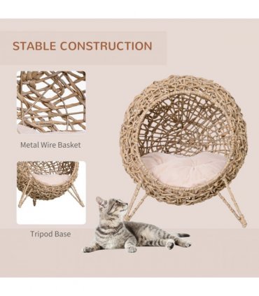Rattan Elevated Cat House Kitten Bed Pet Furniture w/ Cushion Natural