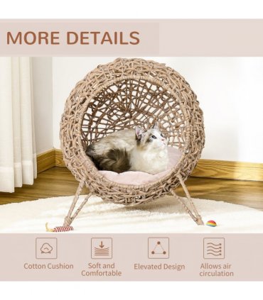 Rattan Elevated Cat House Kitten Bed Pet Furniture w/ Cushion Natural