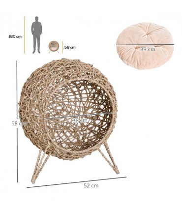 Rattan Elevated Cat House Kitten Bed Pet Furniture w/ Cushion Natural
