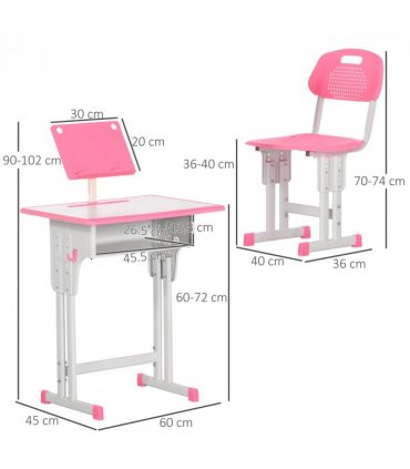 Kids Desk and Chair Set Pink MDF and steel 60L x45W x102H cm Kids Desk and Chair
