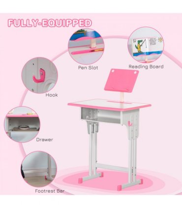 Kids Desk and Chair Set Pink MDF and steel 60L x45W x102H cm Kids Desk and Chair