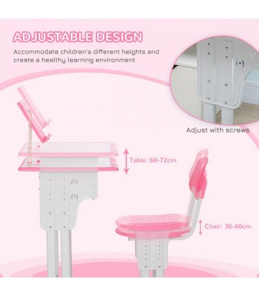Kids Desk and Chair Set Pink MDF and steel 60L x45W x102H cm Kids Desk and Chair