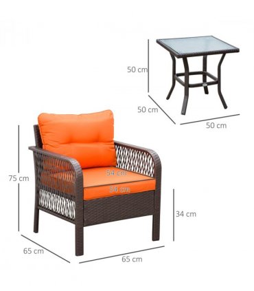 PE wicker Orange 3 Pieces Patio Rattan Bistro Set with Tempered Glass Table