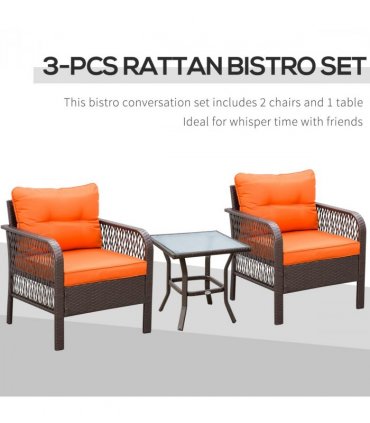 PE wicker Orange 3 Pieces Patio Rattan Bistro Set with Tempered Glass Table