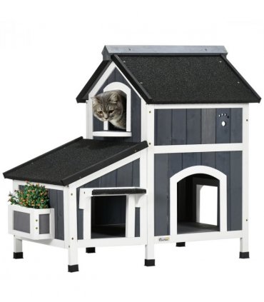 PawHut�Wooden�Cat�House�Outdoor w/ Flower Pot,�Window, Multiple�Entrances
