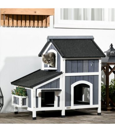 PawHut�Wooden�Cat�House�Outdoor w/ Flower Pot,�Window, Multiple�Entrances