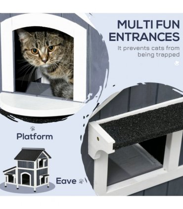 PawHut�Wooden�Cat�House�Outdoor w/ Flower Pot,�Window, Multiple�Entrances