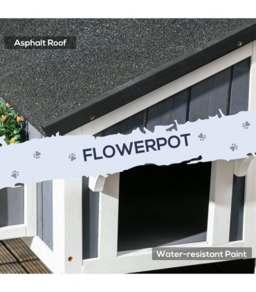 PawHut�Wooden�Cat�House�Outdoor w/ Flower Pot,�Window, Multiple�Entrances