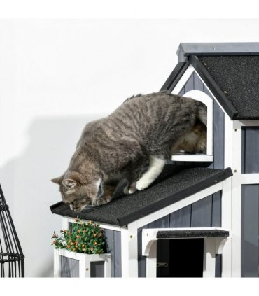 PawHut�Wooden�Cat�House�Outdoor w/ Flower Pot,�Window, Multiple�Entrances