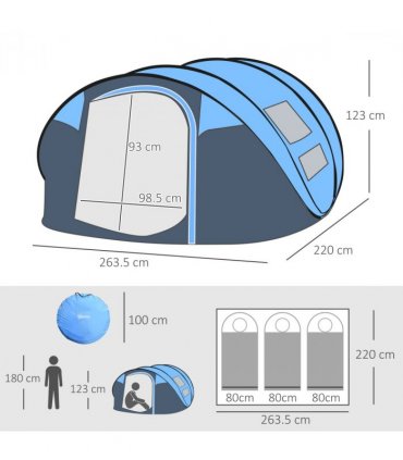 Camping Tent Dome Pop-up Tent with Windows for 4-5 Person Sky Blue