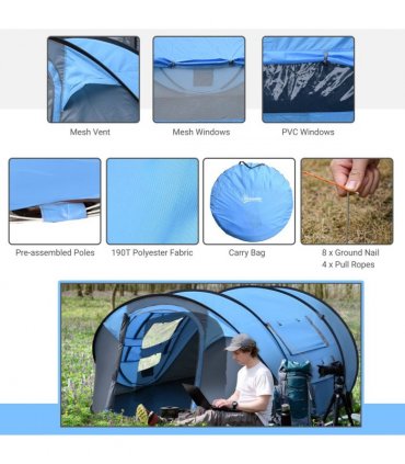 Camping Tent Dome Pop-up Tent with Windows for 4-5 Person Sky Blue