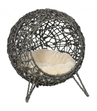 Rattan Elevated Cat House Kitten Bed Pet Furniture w/ Cushion Grey