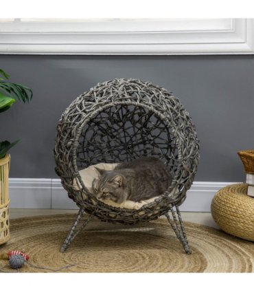 Rattan Elevated Cat House Kitten Bed Pet Furniture w/ Cushion Grey
