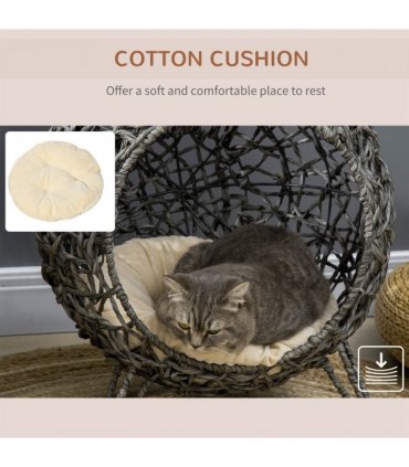 Rattan Elevated Cat House Kitten Bed Pet Furniture w/ Cushion Grey