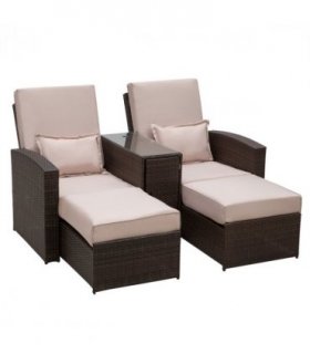 Garden Double Rattan Sun Lounger Sofa Recliner Wicker Patio Brown PE rattan