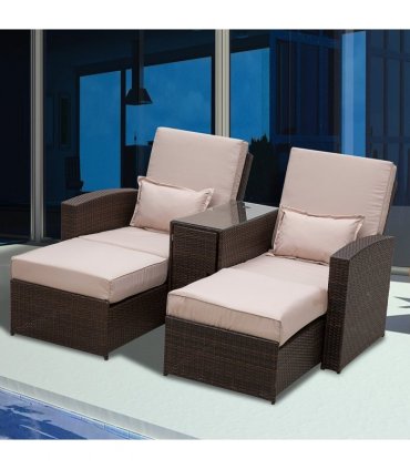 Garden Double Rattan Sun Lounger Sofa Recliner Wicker Patio Brown PE rattan