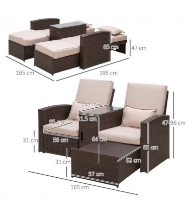 Garden Double Rattan Sun Lounger Sofa Recliner Wicker Patio Brown PE rattan