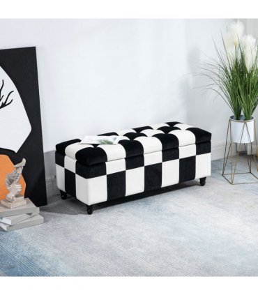 Velvet Storage Ottoman White, Black 114W x 47D x 47H cm Padded Top Wood Legs