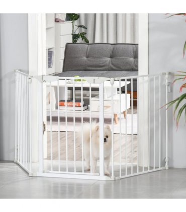 Pet Safety Gate 3-Panel Playpen Metal Fence W/ Walk Through Door White