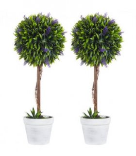 Plastic Green of 2 Potted Artificial Plants Ball Tree with Lavender Flowers