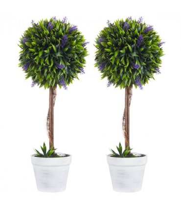 Plastic Green of 2 Potted Artificial Plants Ball Tree with Lavender Flowers