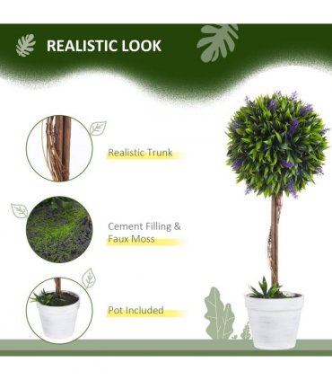 Plastic Green of 2 Potted Artificial Plants Ball Tree with Lavender Flowers