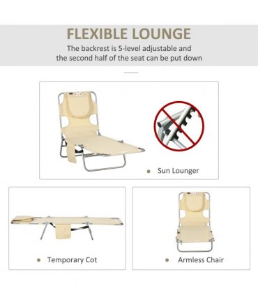 Patio Foldable Sun Lounger 5 Level Adjustable Reclining Chair Beige