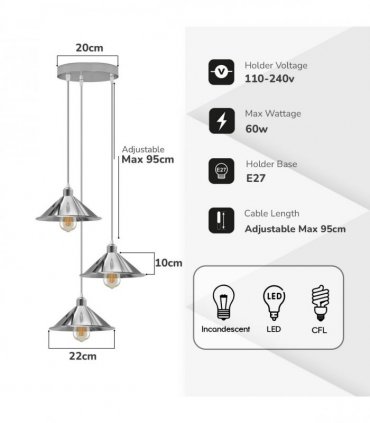 3 Head Round Base Industrial Vintage Ceiling Pendant Light Shade Hanging Lamp Lights