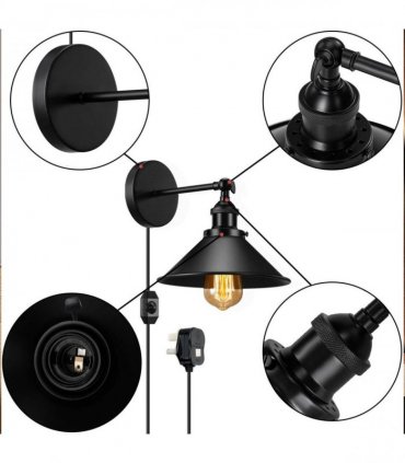 Wall Light Black Metal Shade Diameter 22cm Modern Plugin Wall Light Fitting Cone